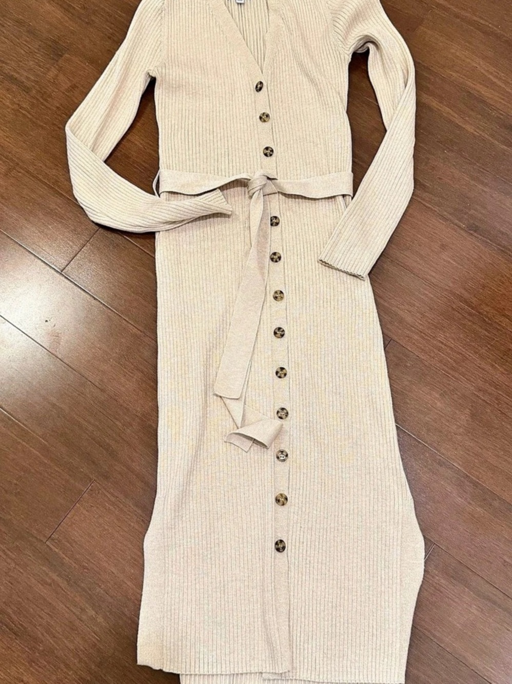 Pink Rose Ribbed Knit Tie Front Maxi Dress or Duster Size Small